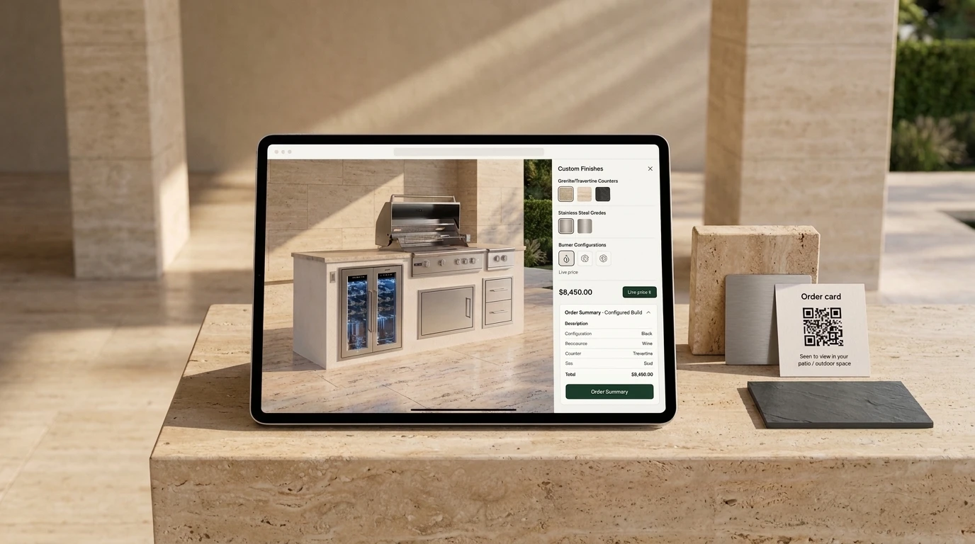 A tablet on the patio ledge showing the configured outdoor kitchen, its live price and the order summary, with the order card and its QR code beside it
