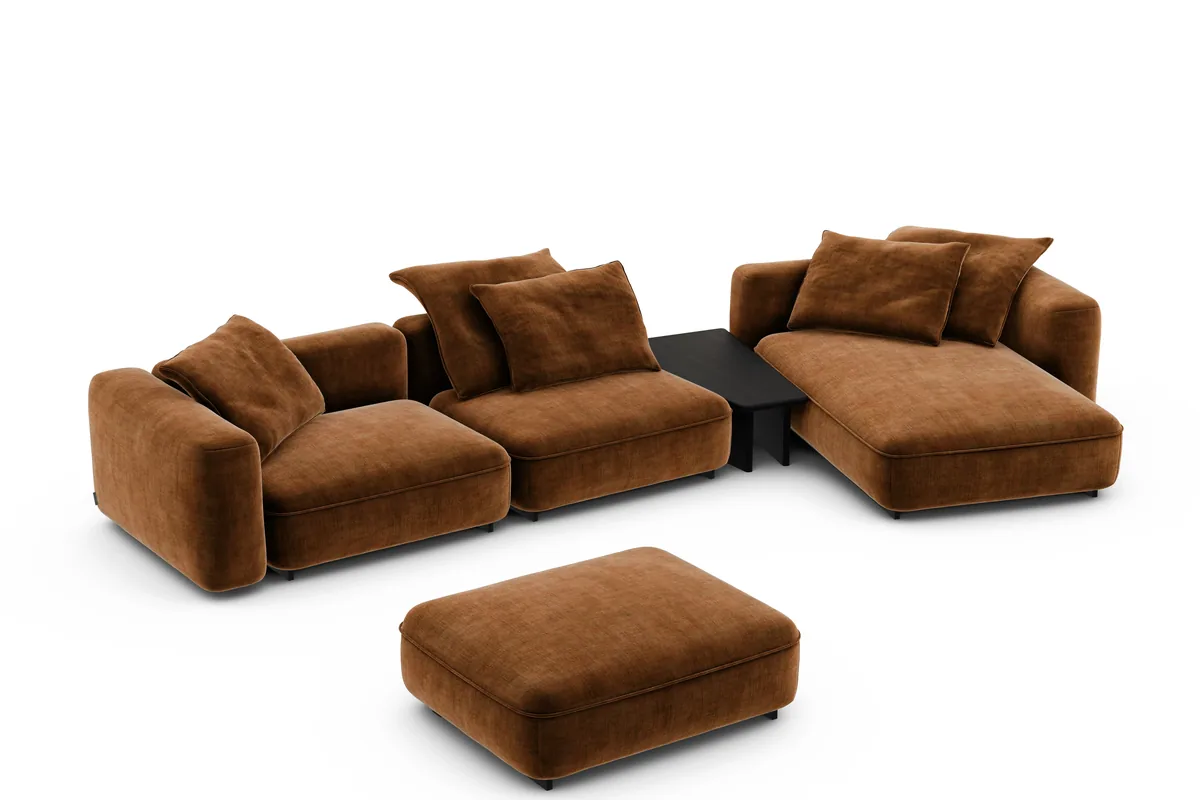 Moodu modular corner sofa in Fargotex Golden 56 velvet, with chaise, side table and ottoman, built in the configurator