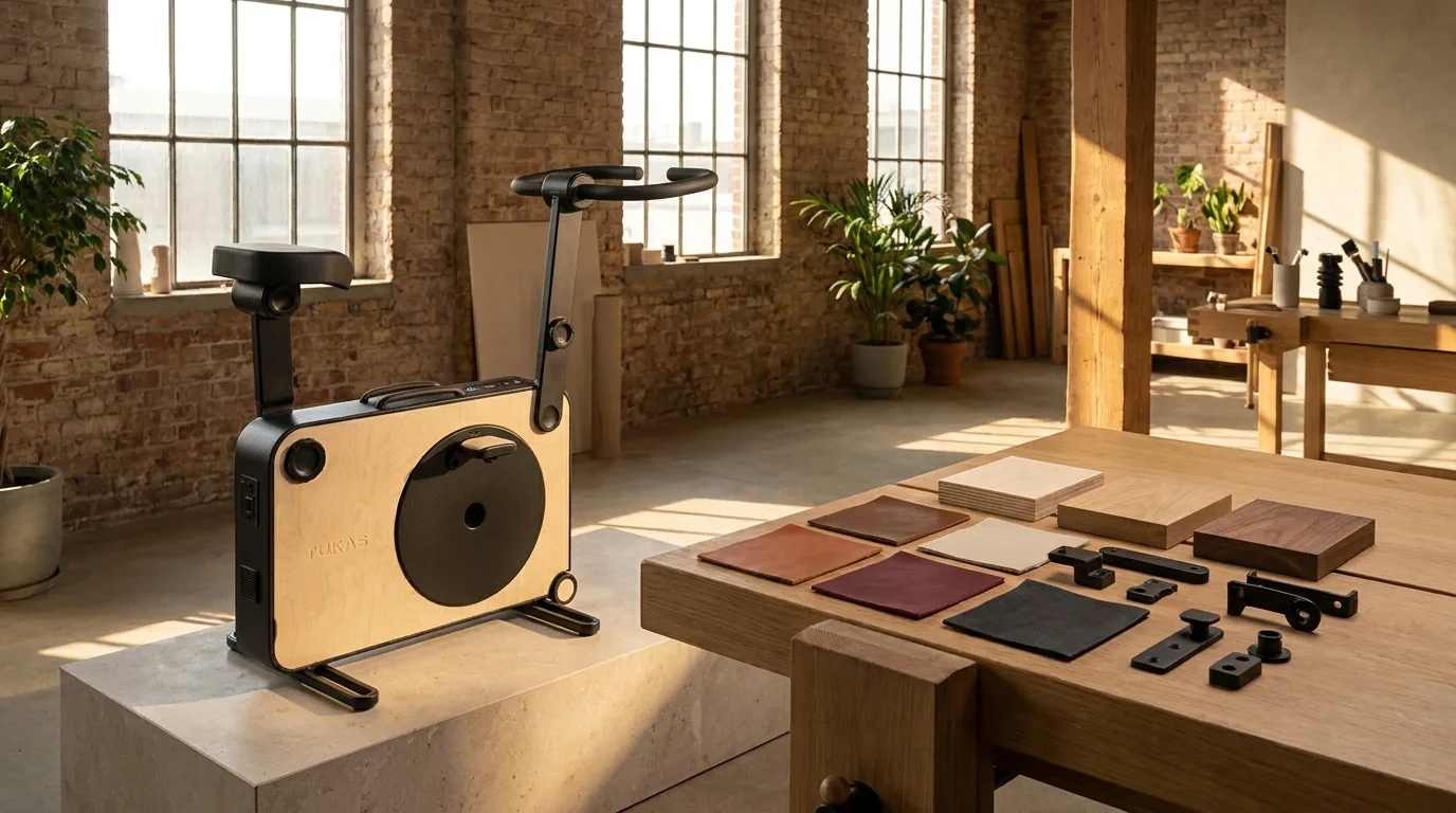 A visualisation of the HR Bank in birch plywood on a stone plinth, beside wood, leather and metal samples laid out on a workbench