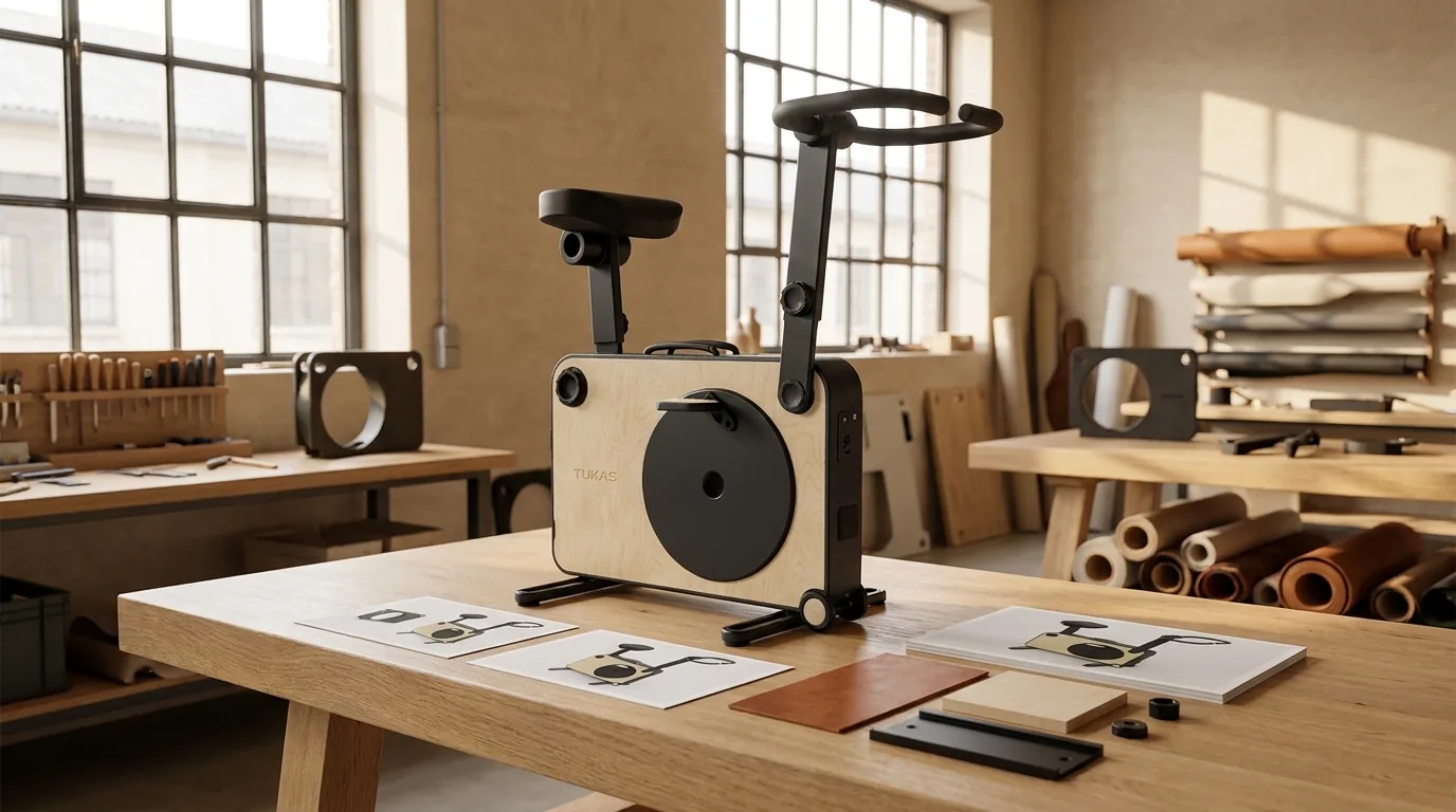 A visualisation of the HR Bank on a workshop bench with its drawings, a leather swatch, a plywood sample and fittings